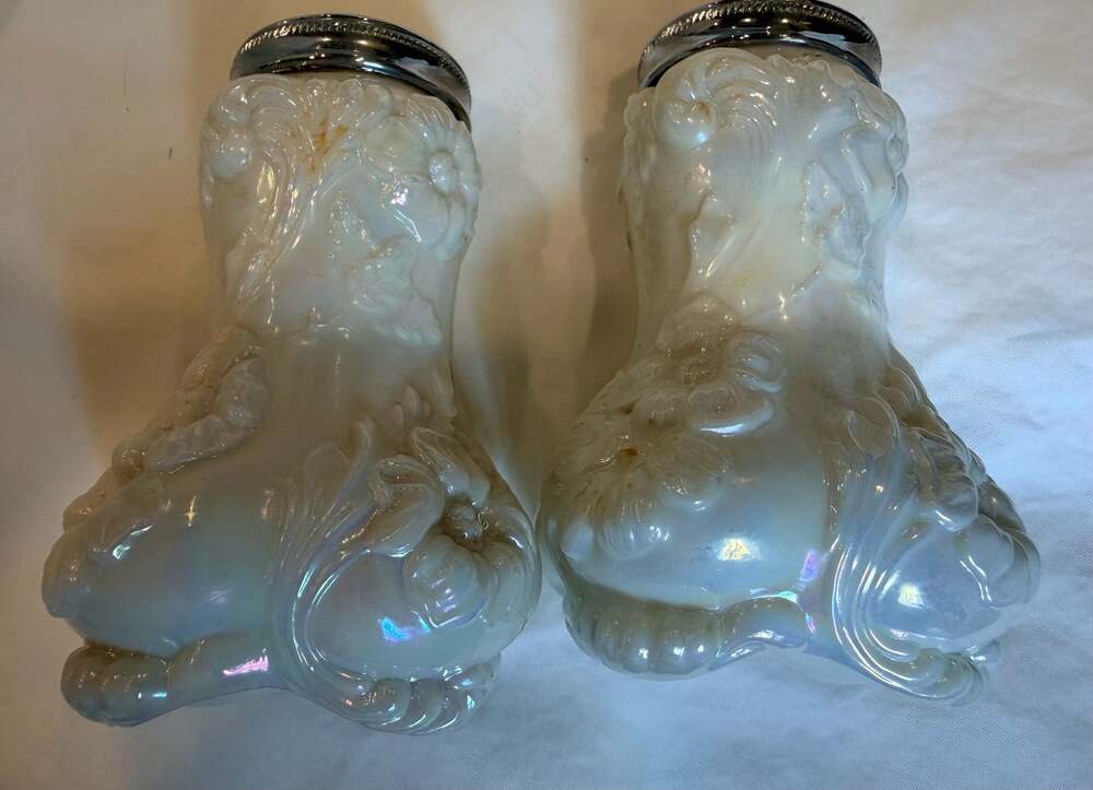 Vintage Iridescent Pattern Glass Salt and Pepper Shaker Set with Floral Detail